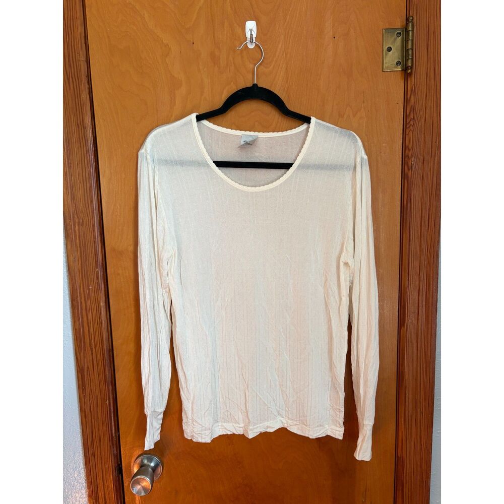 Vintage Eddie Bauer Silk Cottagecore Top Large Cream Eyelet Knit Long Sleeve